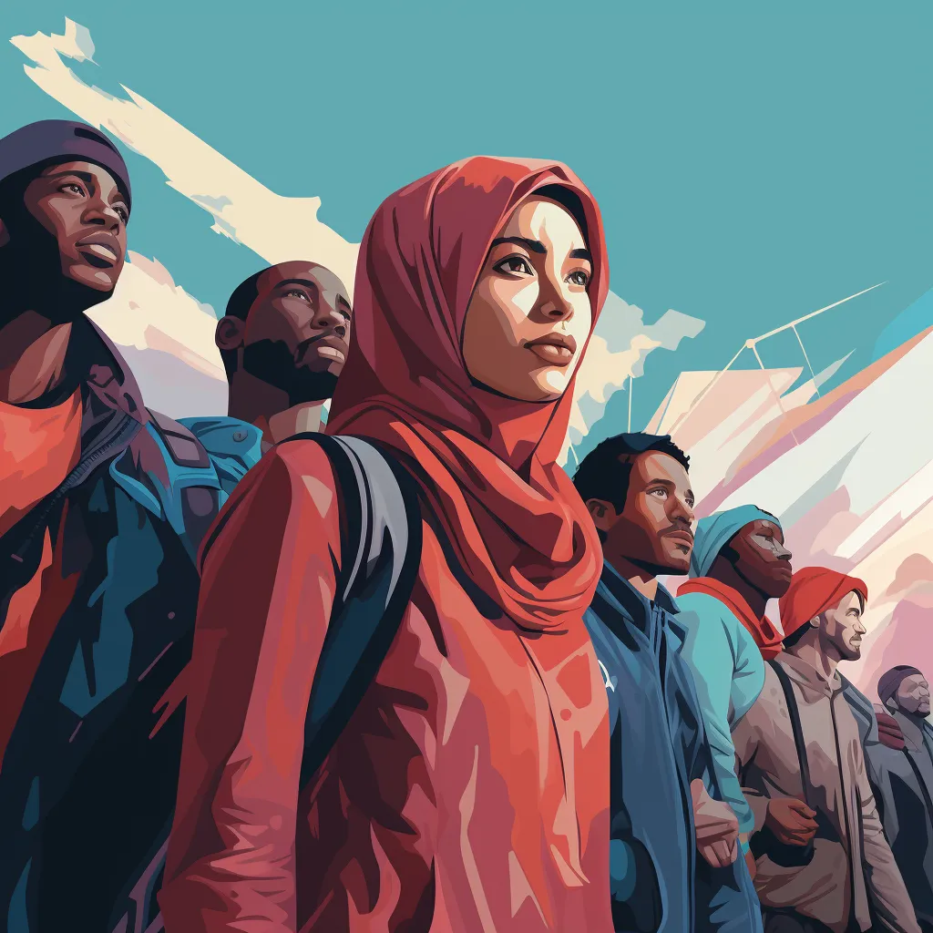 Illustration of migrants faces with a hopefull vision